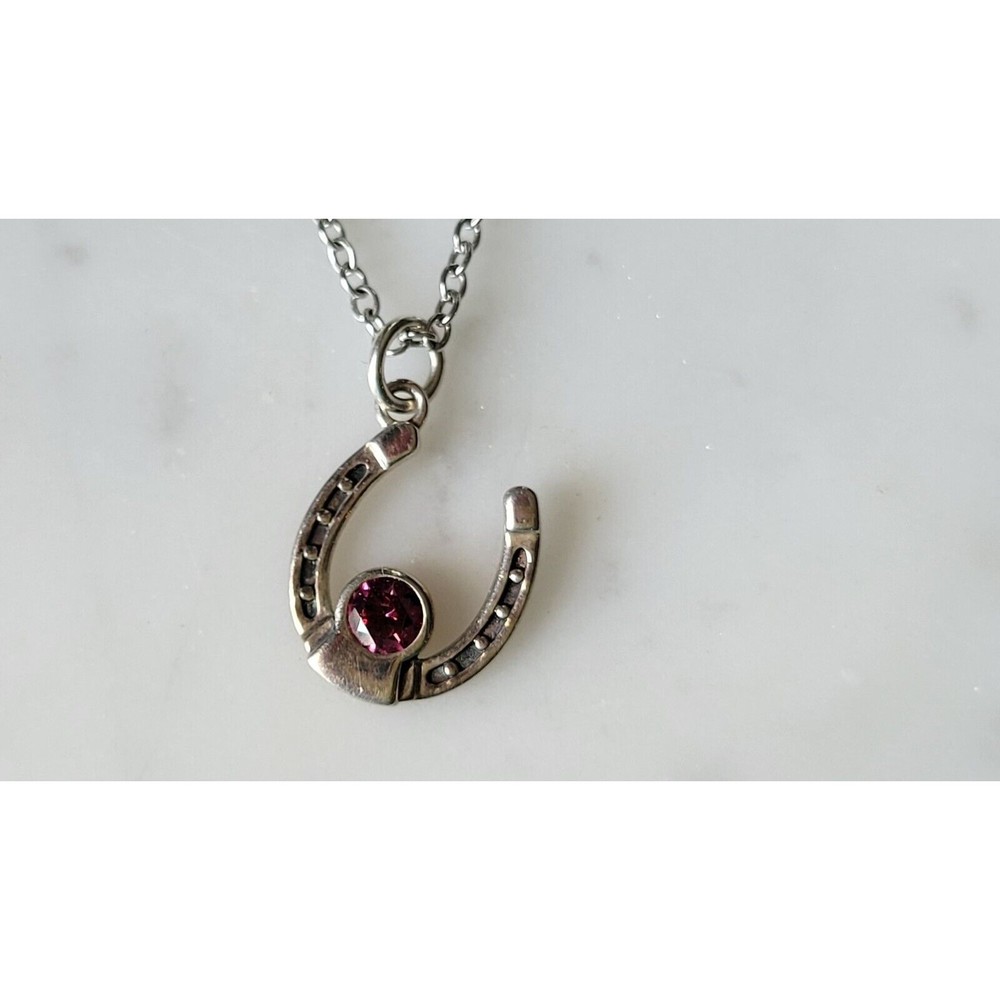 Sterling 925 Horseshoe Pendant Necklace w Pink Tourmaline? Birthstone 18" Chain